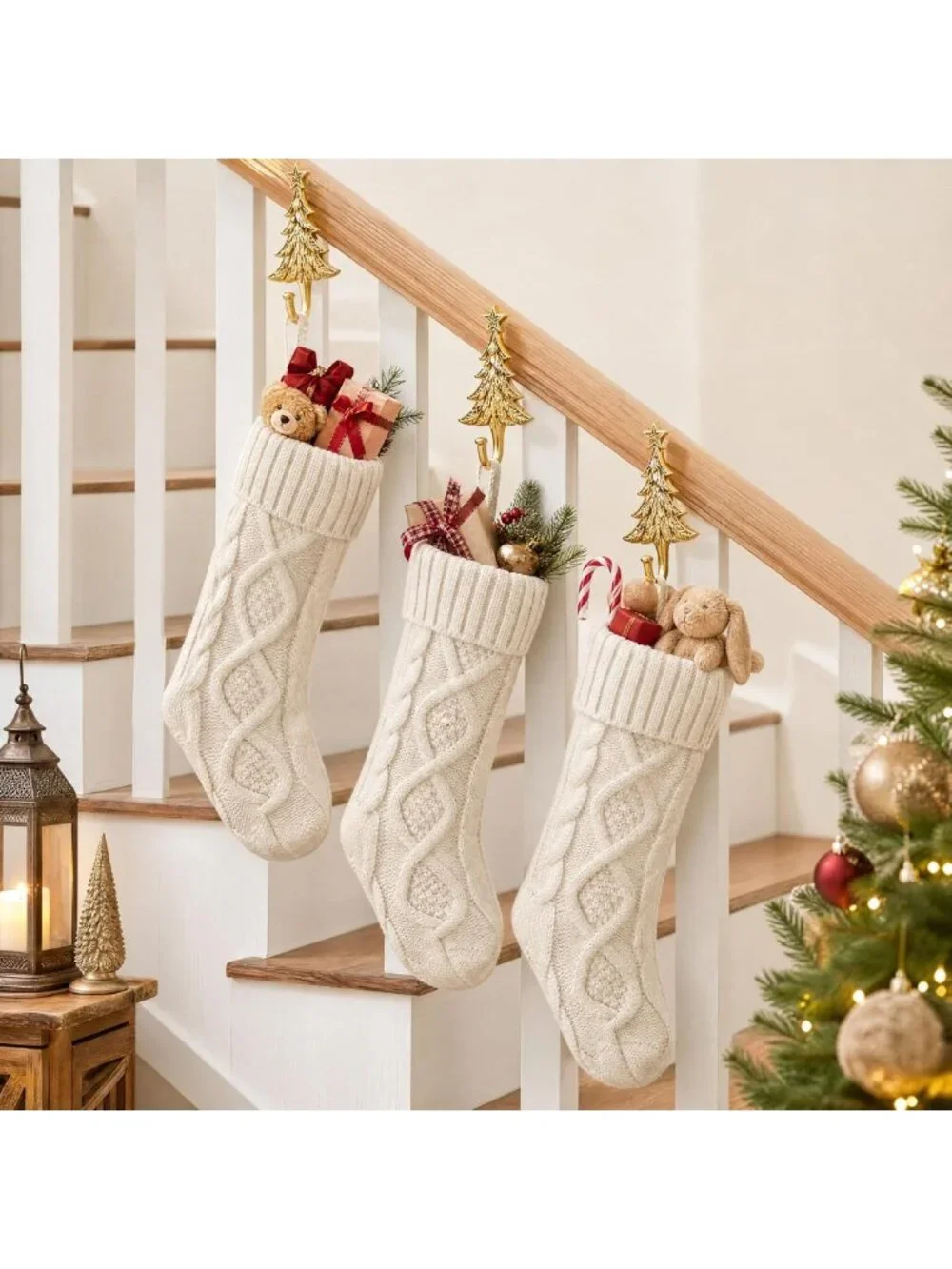 Set of 6 Large Cable Knit Christmas Stockings - 18 Inch Ivory White Holiday